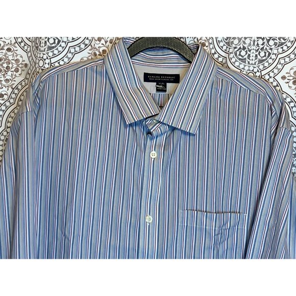 Banana Republic Mens Non-Iron Classic Fit Dress Shirt 17-17.5 Blue White Stripe - Picture 4 of 11